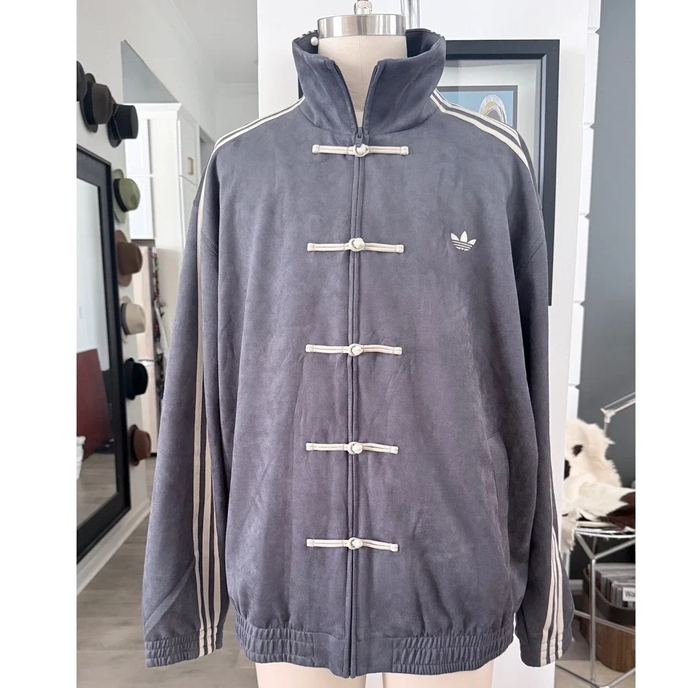 Adidas Originals Faux Suede Kung Fu Track Jacket Grey White HP0426 Mens XL